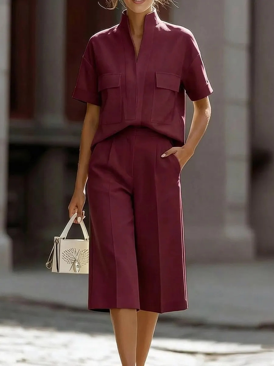 Women's Casual Two-Piece Set – Loose Solid Color Short Sleeve T-Shirt & Shorts, Slimming Fit