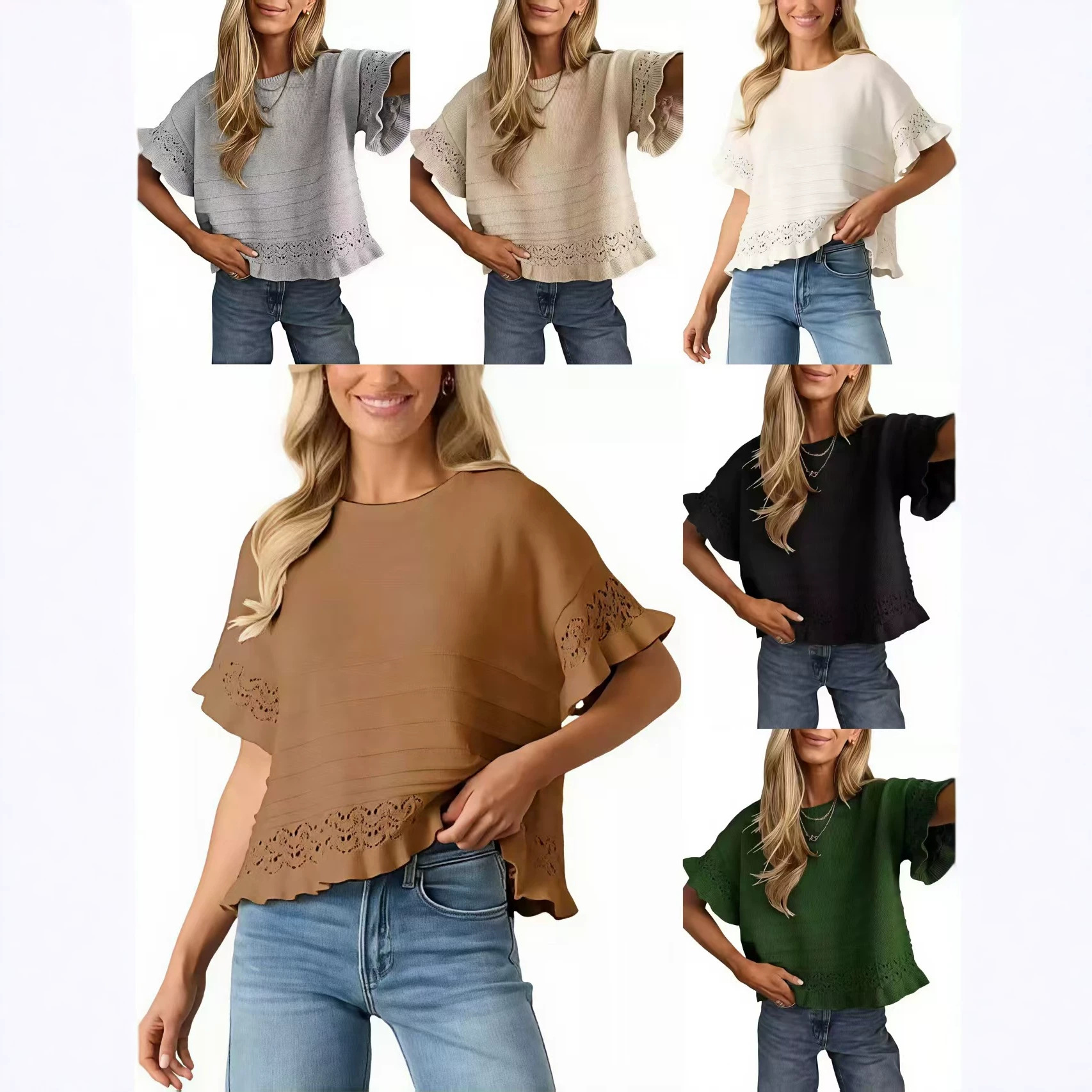 Women's Round Neck Hollow-Out Knit Short Sleeve Ruffle Loose Sweater