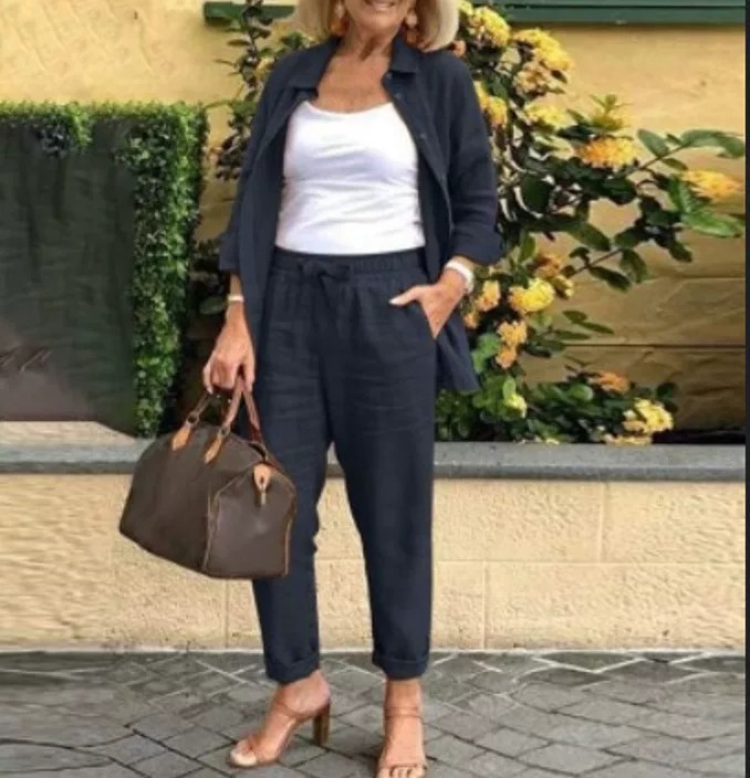 Cotton-Linen Collared Blazer & Loose Pants Casual Set