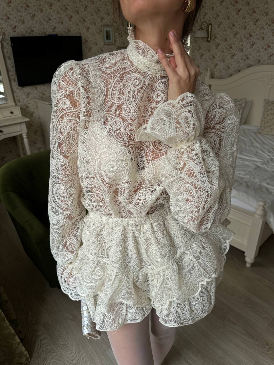 Lace Cutout High Neck Lantern Sleeve Two-Piece Cake Dress
