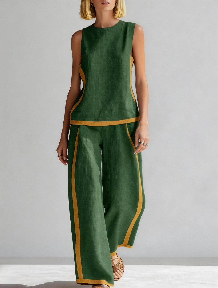 Sleeveless Colorblock Wide-Leg Pants Set Women's Summer Casual Two-Piece