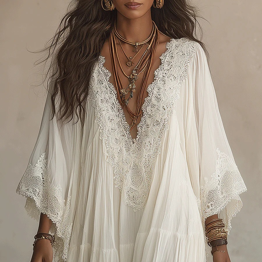 White Lace V-Neck Long Dress with Batwing Sleeves