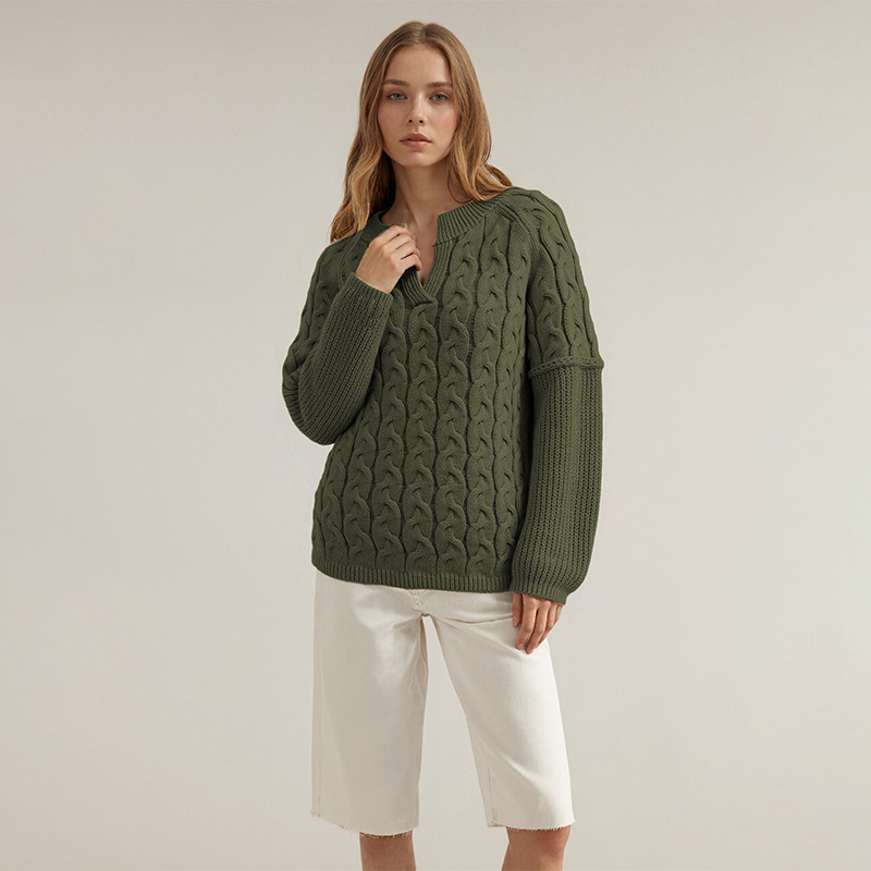 Cable-Knit V-Neck Long-Sleeve Sweater