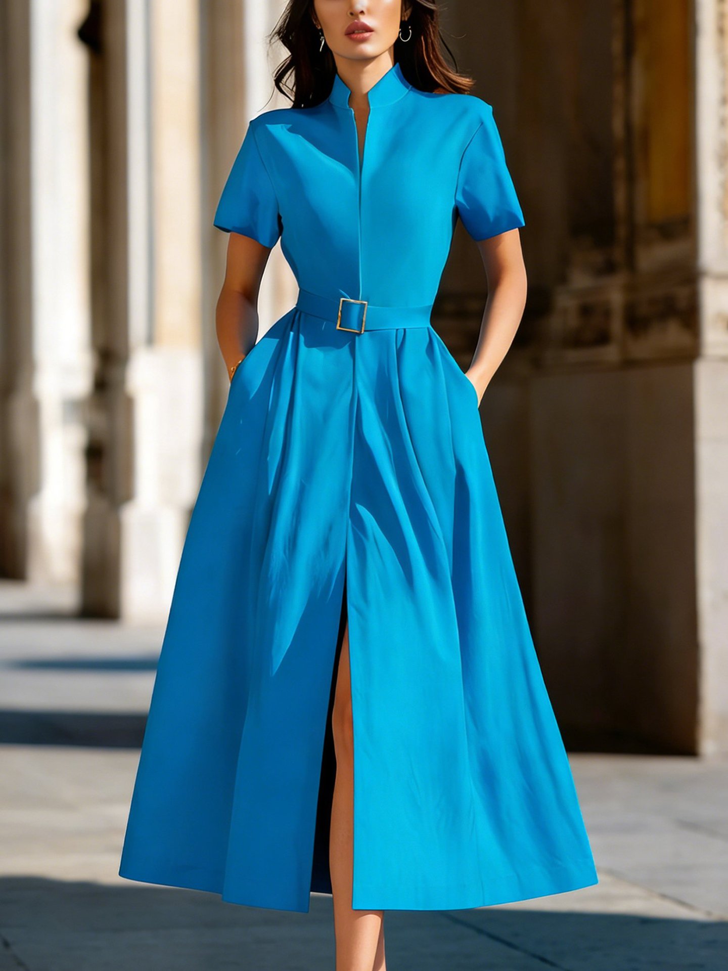 Women's Long Sleeve A-Line Dress Black Flared Hem Waist-Cinching