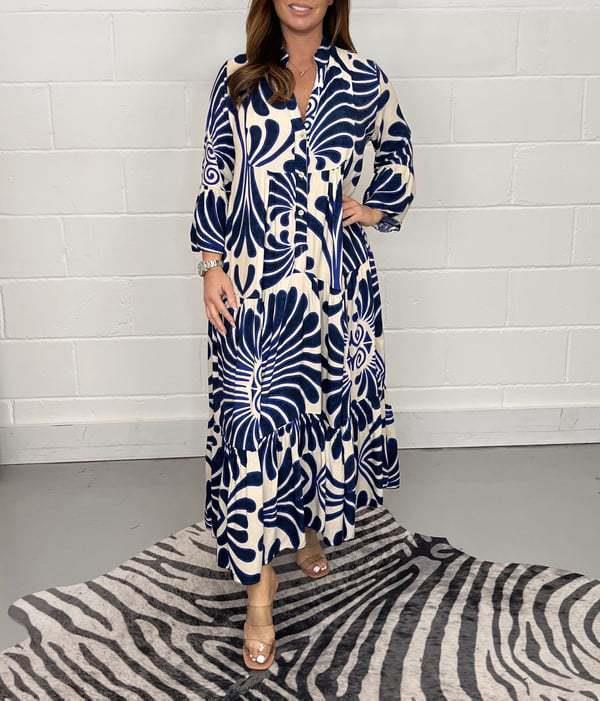 Women's Floral Print Loose Casual Dress with V-Neck and Seven-Sleeve