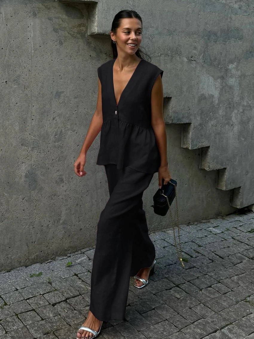 V-Neck Sleeveless Top and Pants Two-Piece Set Solid Color Commuter