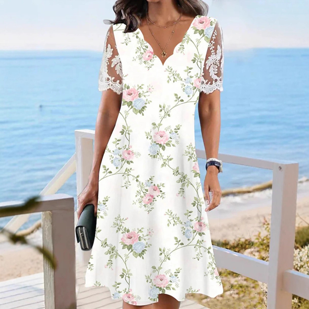 Women's Floral Print Lace Short Sleeve Wave Neck Dress