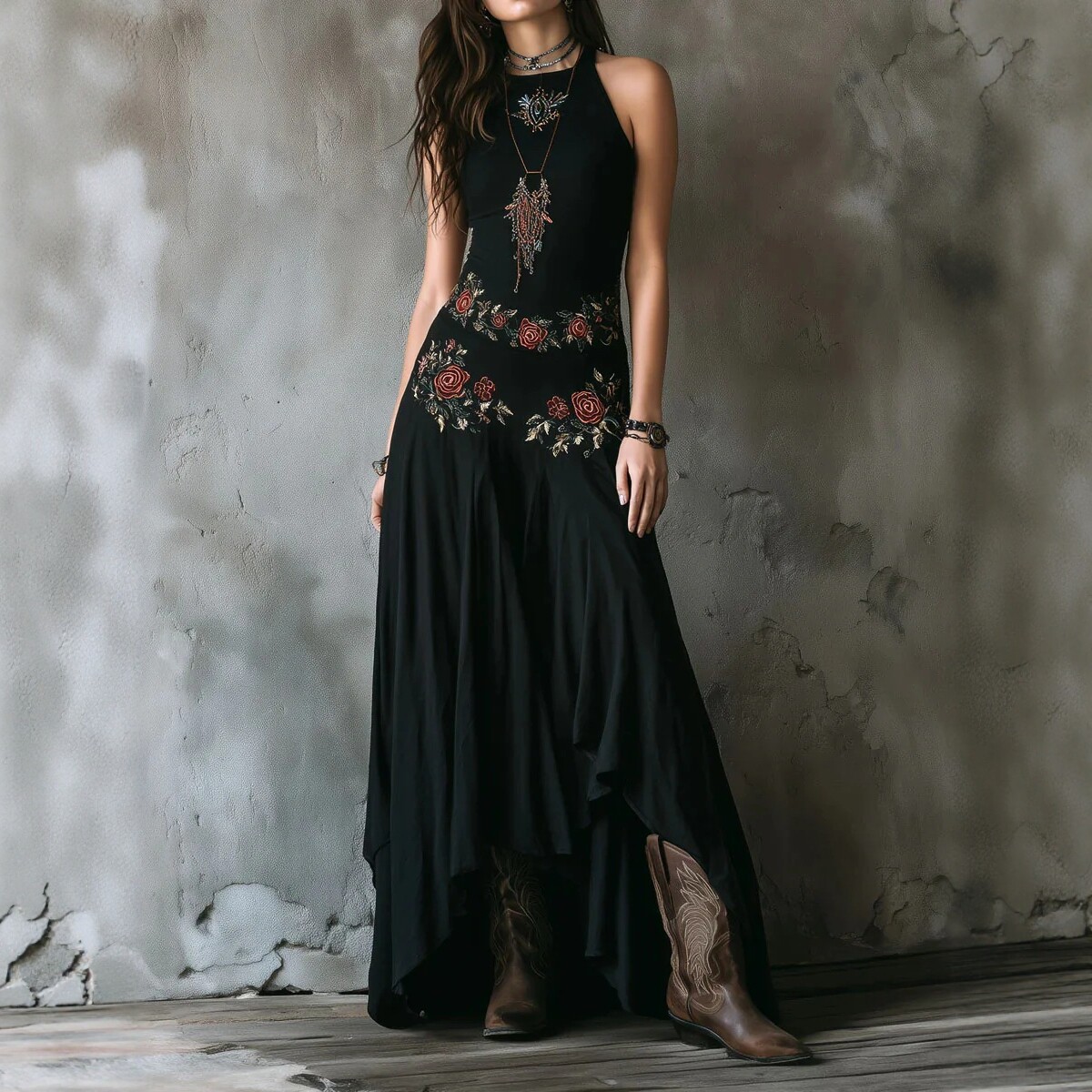 Retro Embroidered Black High-Waist Asymmetric Hem Long Dress