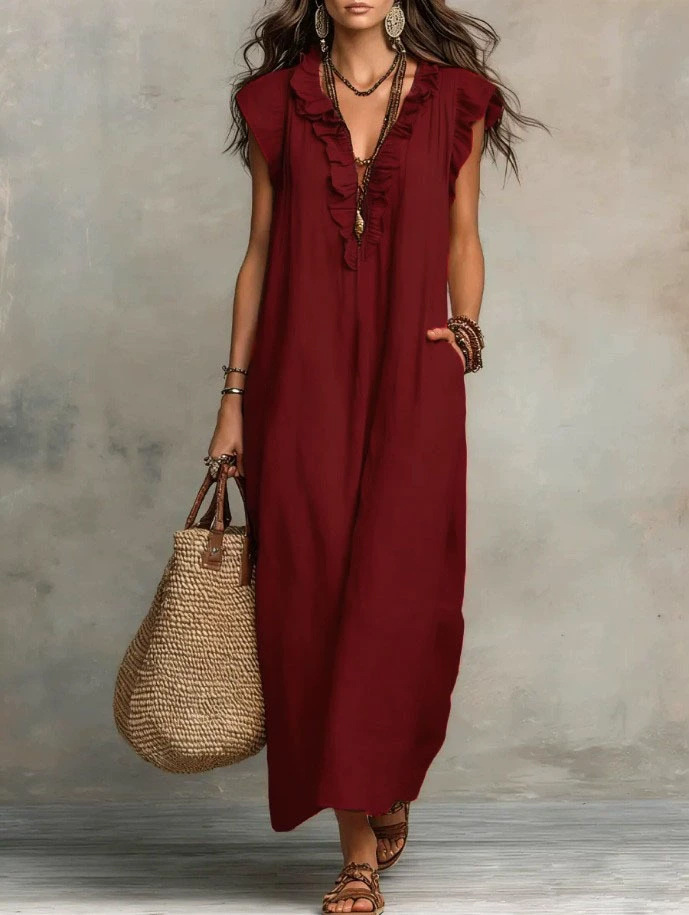 Women's Solid Ruffle Deep V-Neck Sleeveless Loose Casual Dress