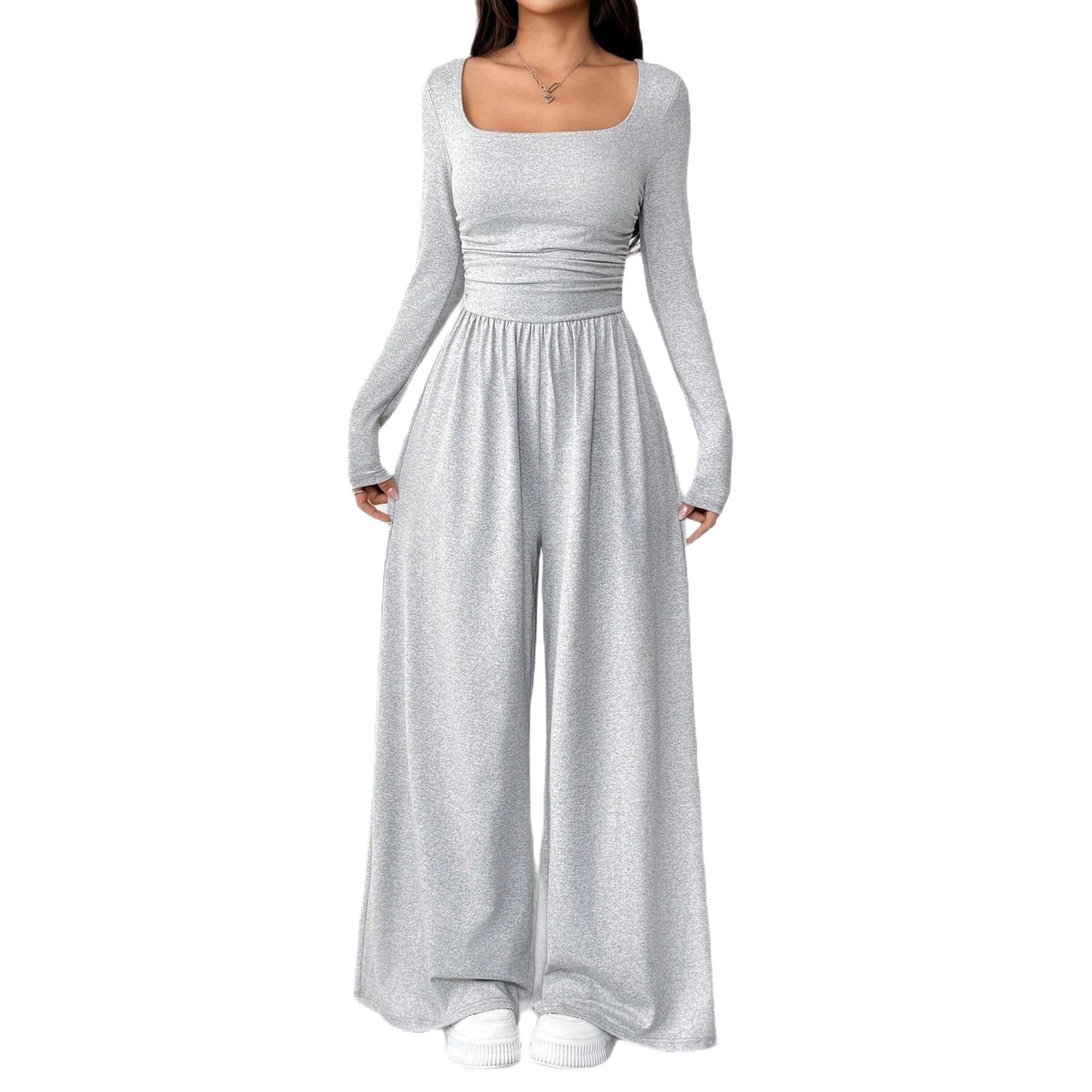 U-Neck Long-Sleeve Slimming Wide-Leg Jumpsuit