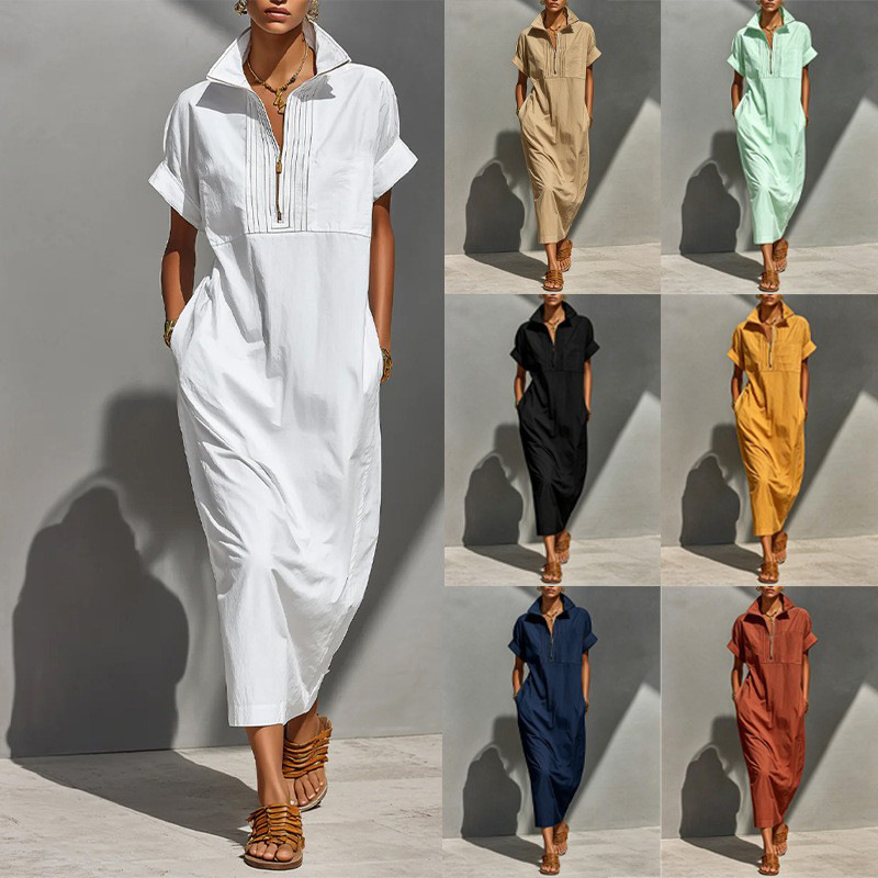 Women's Shirt-Style Jumpsuit with Stand Collar, Half Placket, Pockets, Loose Fit, Midi Length
