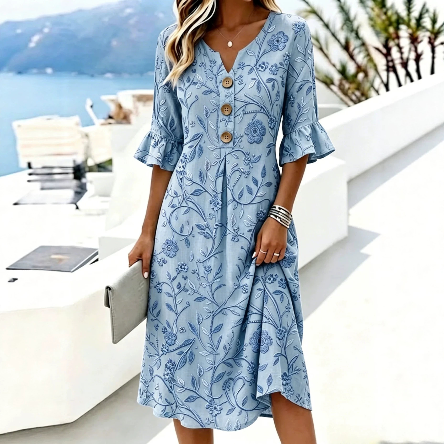 Women's Floral Print Button Midi Dress