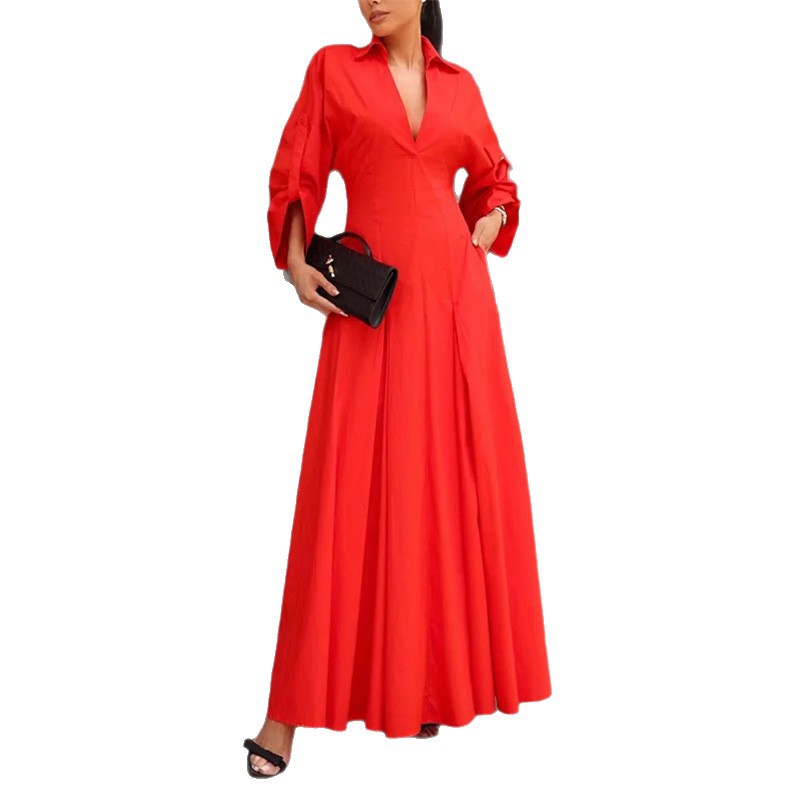 Women's Summer Long Dress Solid Color Waist-Cinched Pleated Collared