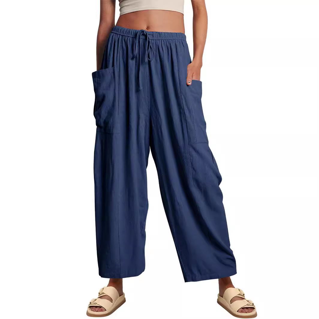 Women's High-Waist Pleated Wide-Leg Pants Elastic Waist Casual Cotton-Blend Trousers