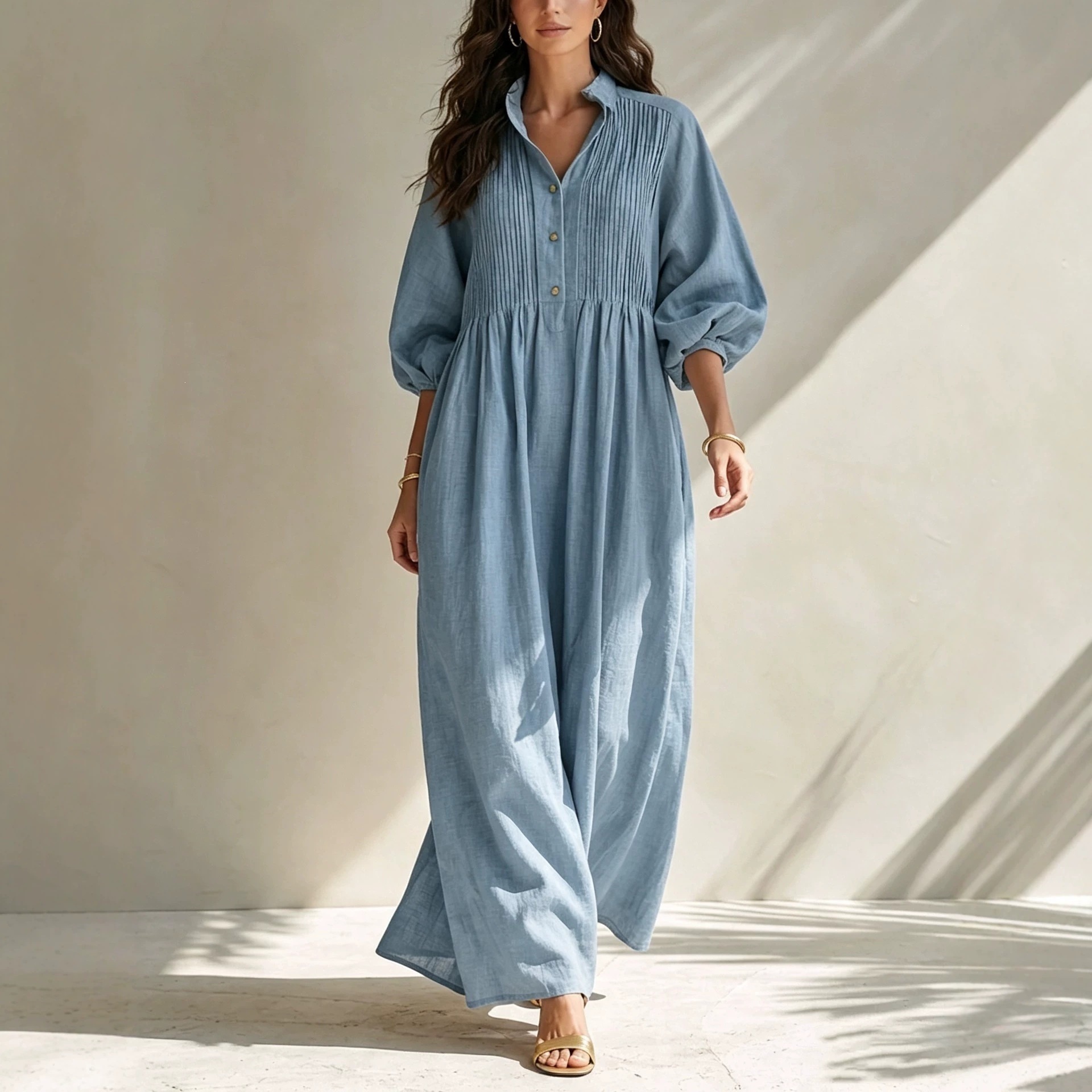 Linen-Blend Long Sleeve Shirt Dress Women's Loose A-Line Midi Bubble Sleeve Solid