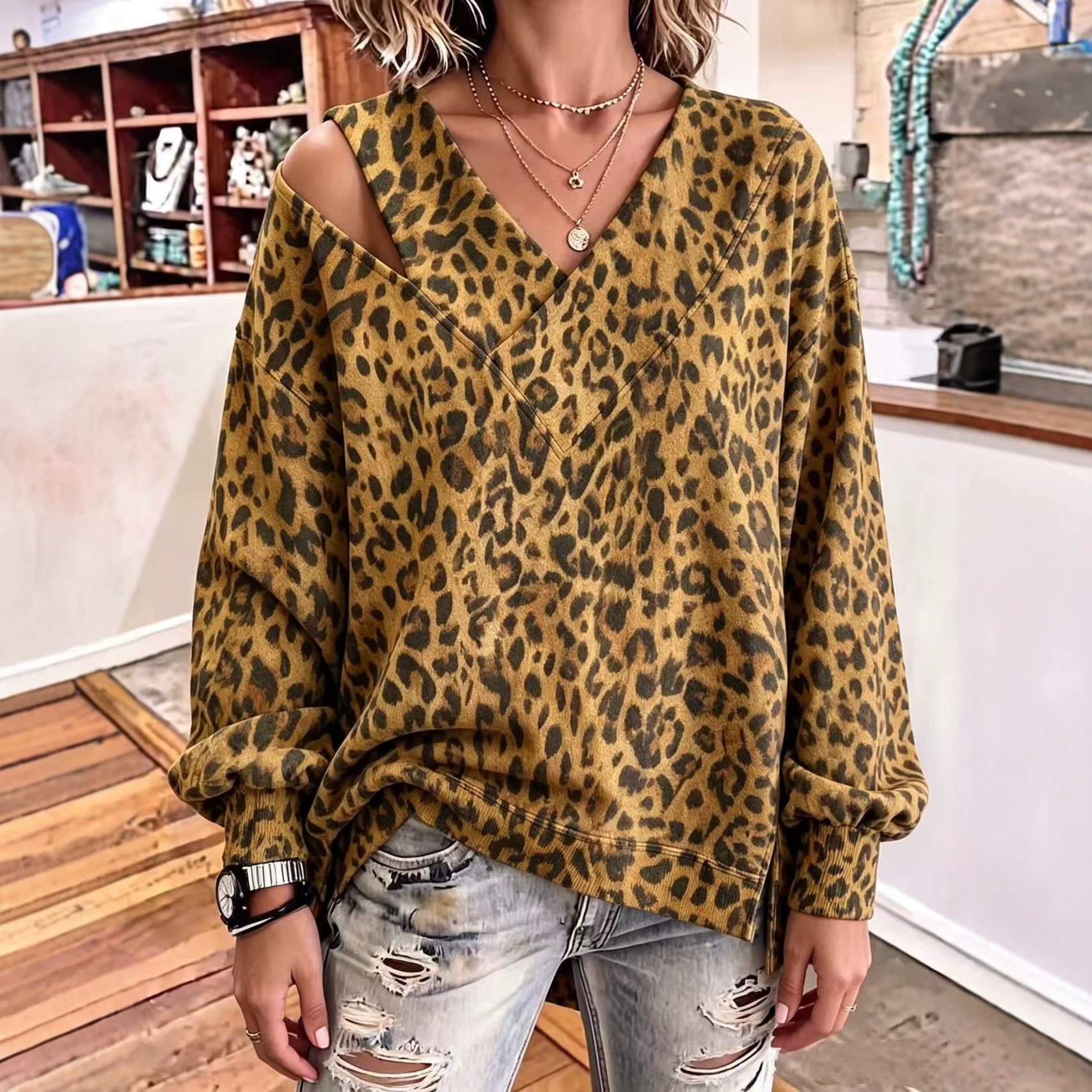Leopard Print Off-Shoulder V-Neck Long-Sleeve Loose Top