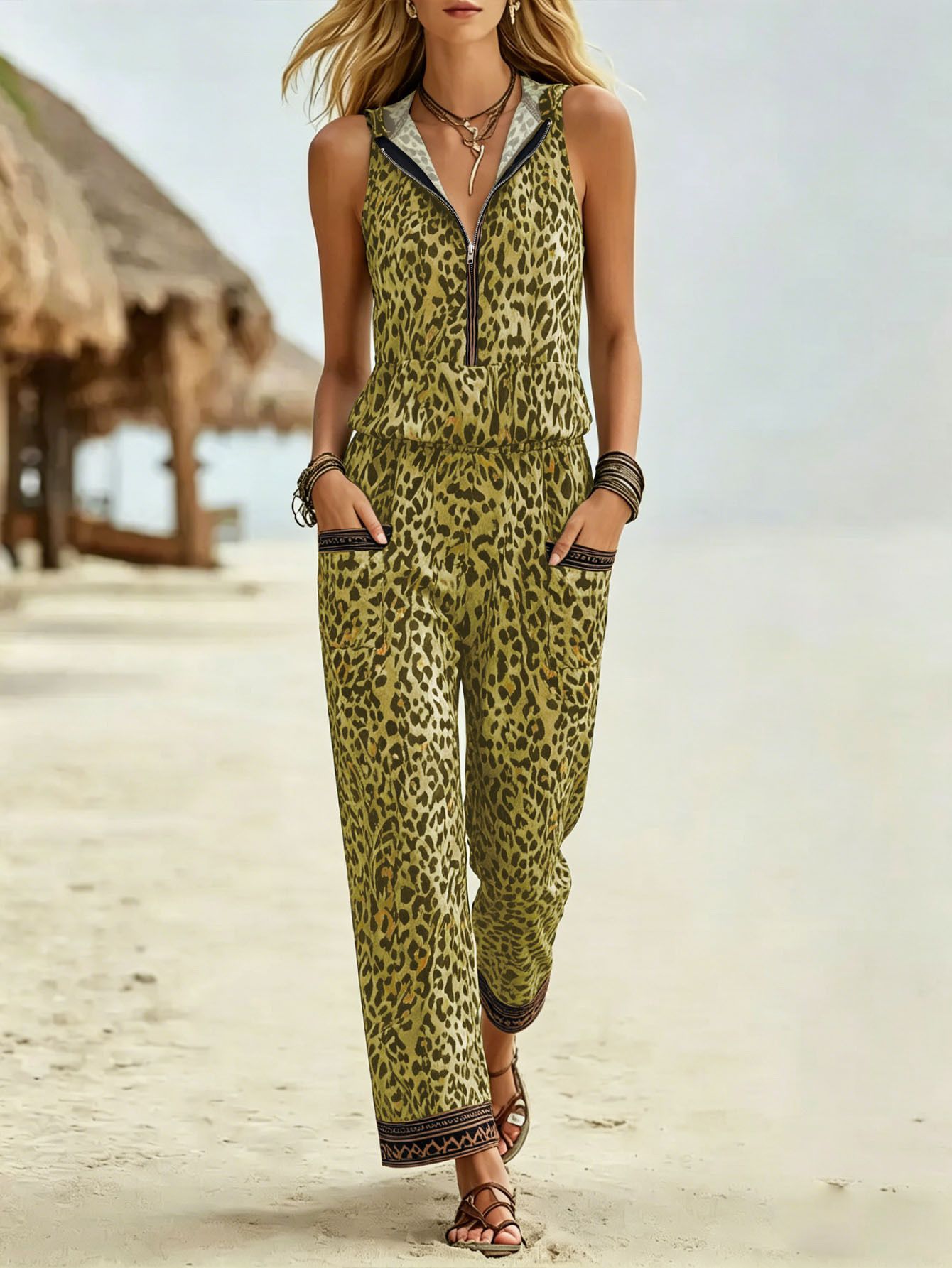 Leopard Print Sleeveless Hooded Vest & Wide-Leg Pants Set with Side Pockets