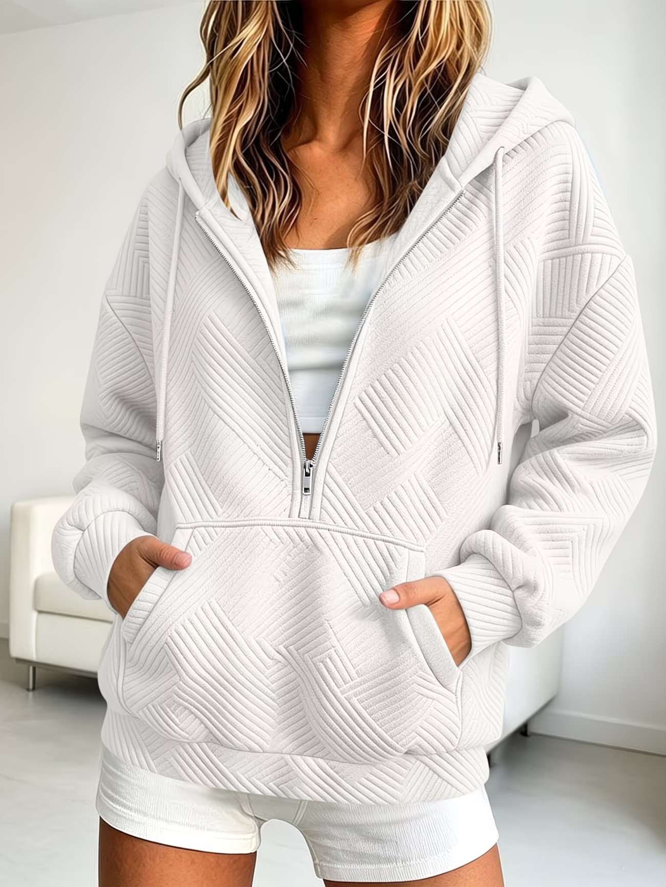 Women's Hooded Drawstring Zip Pocket Loose Sweatshirt