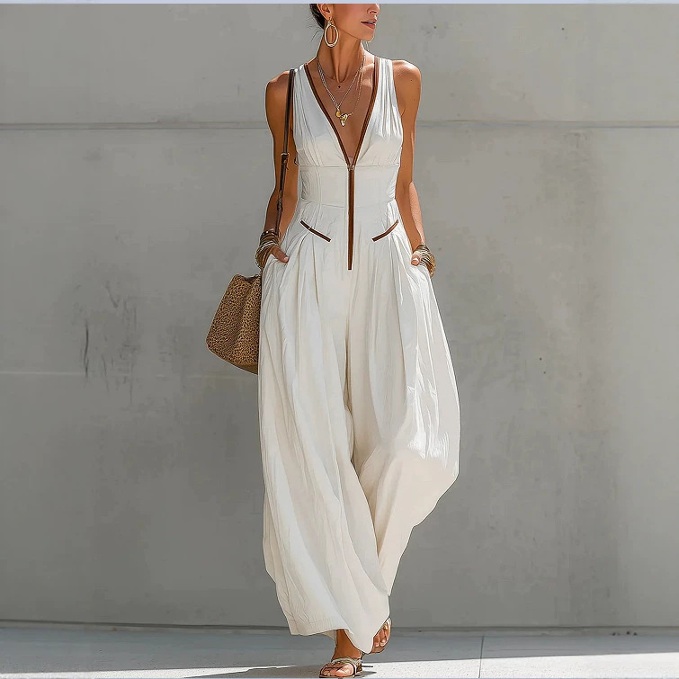 Elegant V-Neck Zip Waist-Cinching Sleeveless Jumpsuit