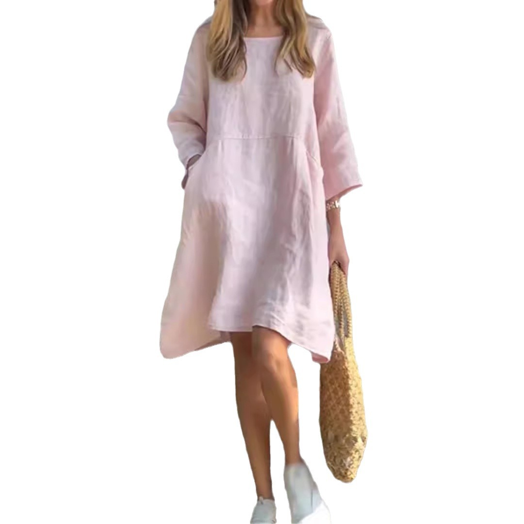 Women's Cute Solid Color Loose Casual Cotton Linen Dress with Pockets