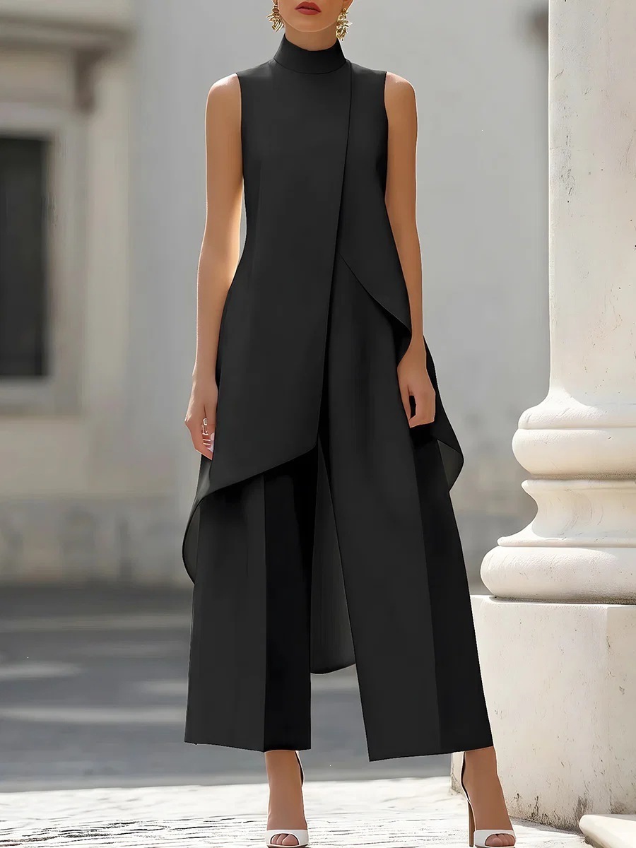 Women's High Neck Sleeveless Layered Wide Leg Jumpsuit Two-Piece Set