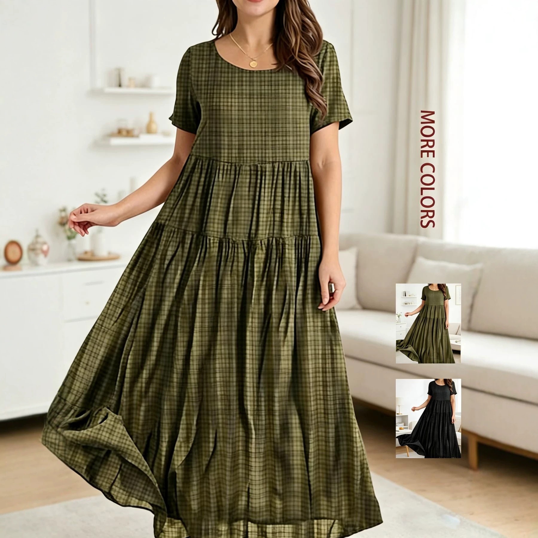 Women's Plaid Round Neck Short Sleeve Tiered A-Line Dress Loose Fit