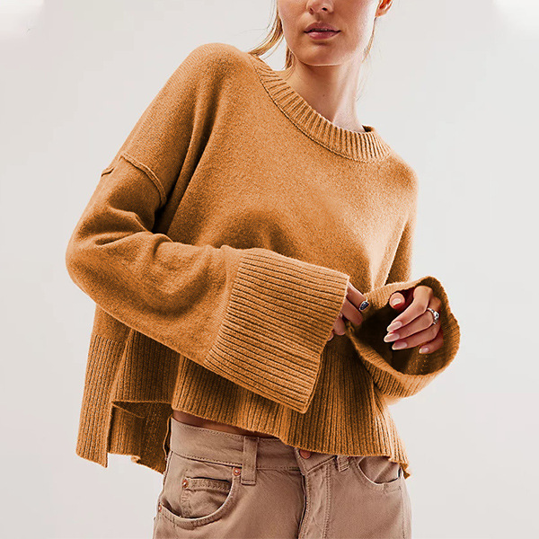 Solid Crewneck Bell Sleeve Knit Pullover Sweater