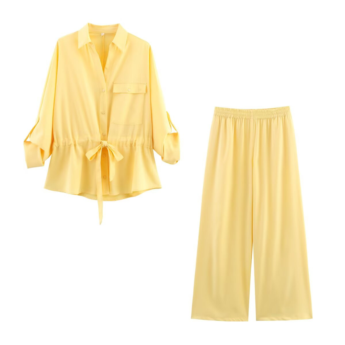 Women's Two-Tone Collared Long-Sleeve Shirt and Pants Set