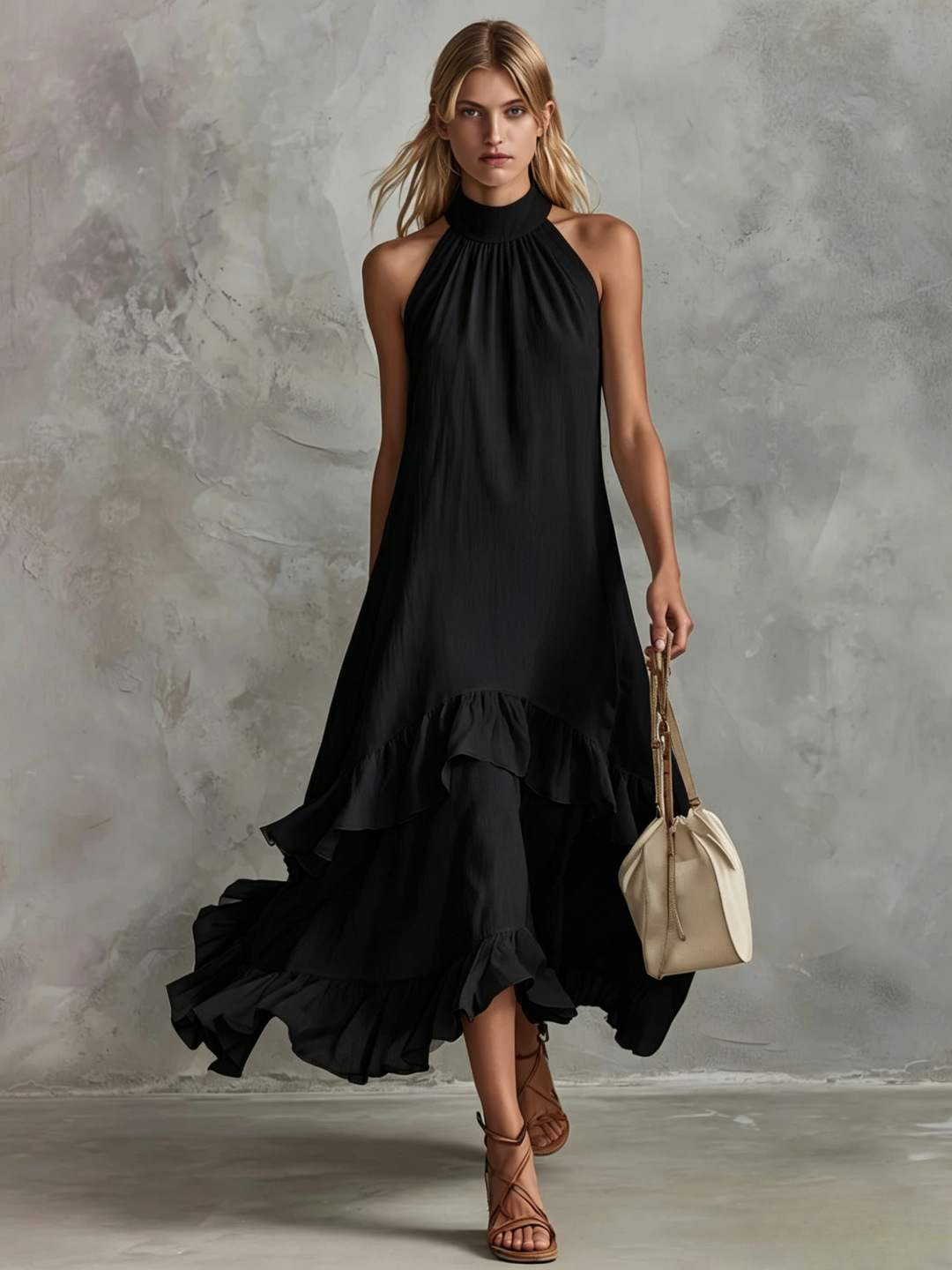 White Sleeveless Ruffle Midi Beach Dress