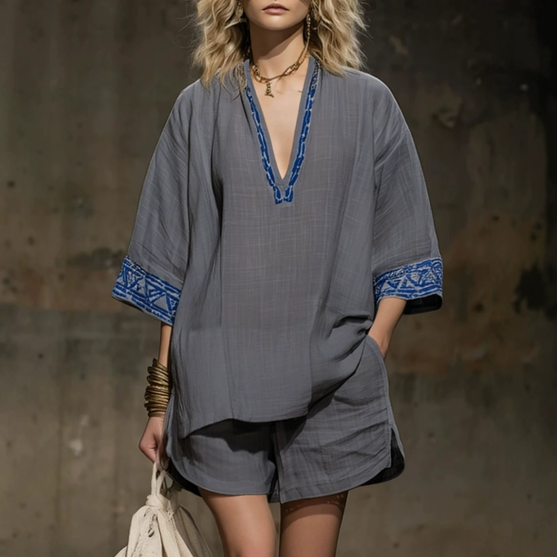 Bohemian Linen-Blend Printed V-Neck Short Sleeve Shorts Women's Set
