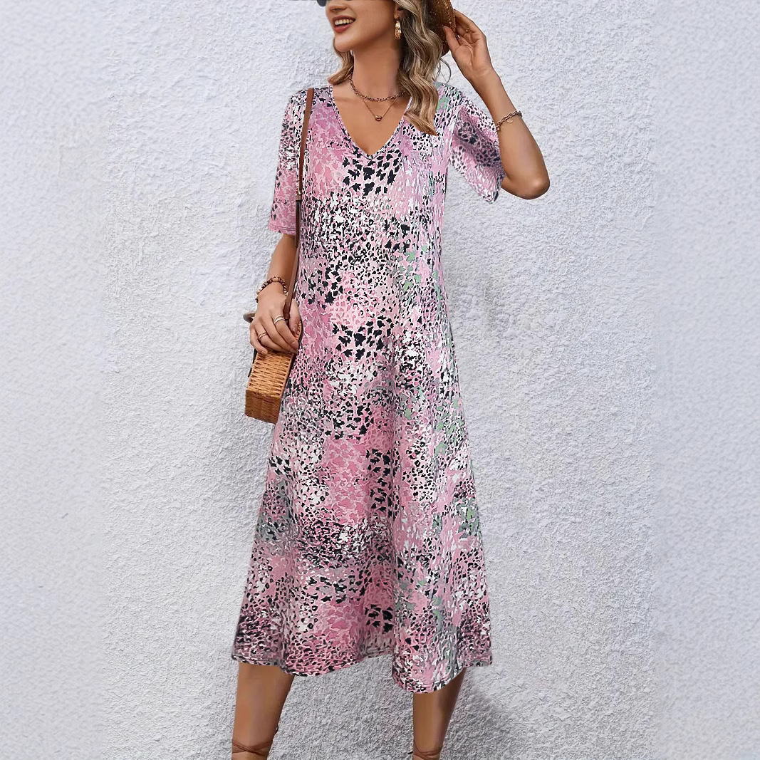 Floral Print V-Neck Short Sleeve Midi Dress