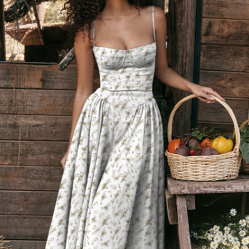 Women's Strapless Floral Dress Slim Fit Sleeveless Long Skirt