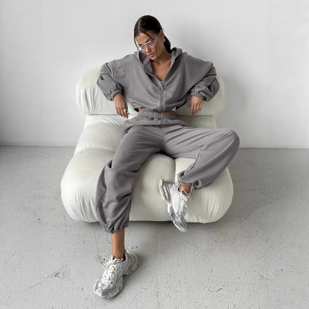 Women's Solid Color Zip-Up Hoodie and Jogger Pants 2-Piece Set