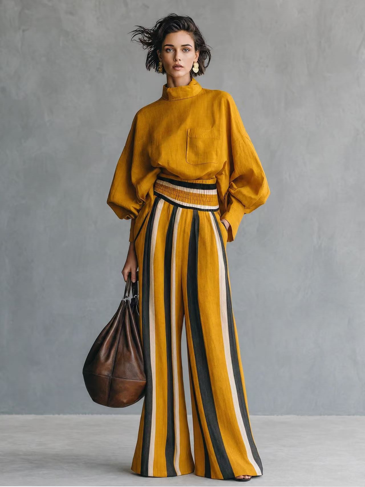 Women's Striped Mock Neck Long Sleeve T-Shirt and Pants Set