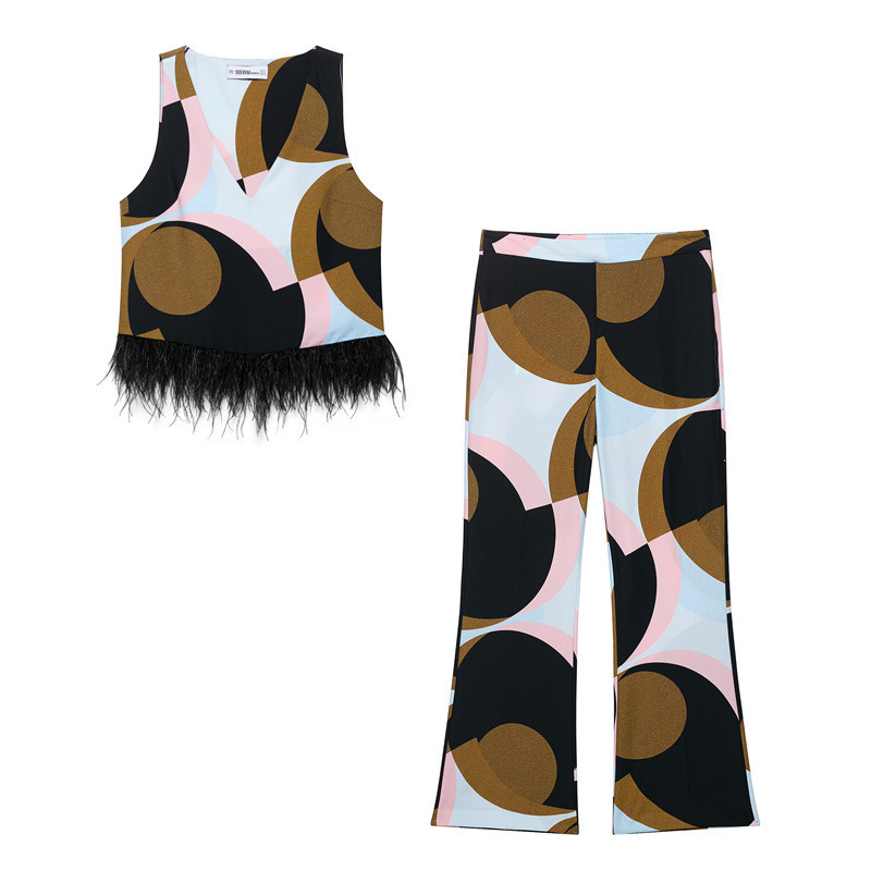 Feather Print Sleeveless Top and Wide-Leg Pants Set