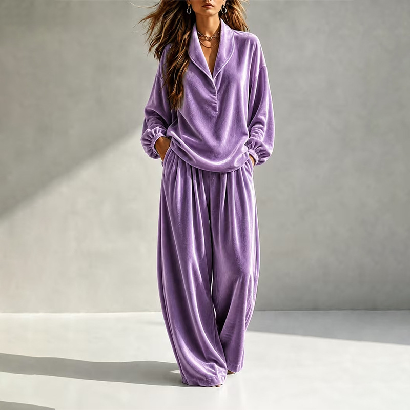 Women's Two-Piece Long Sleeve Collared Top and Wide-Leg Pants Set
