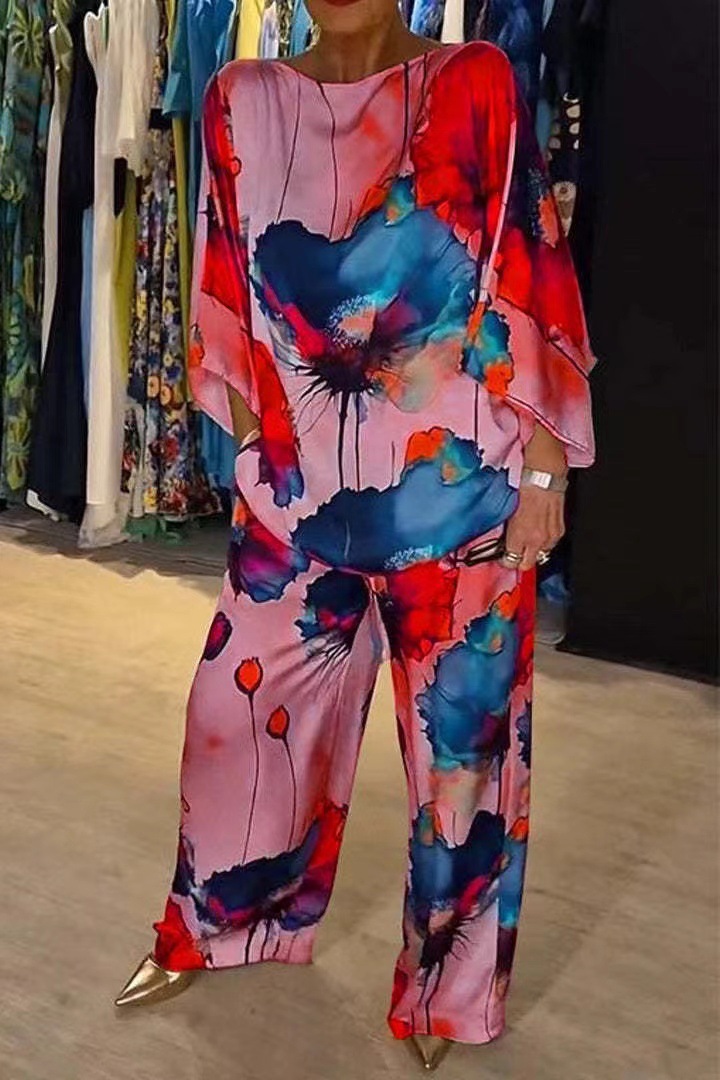 Urban Elegant Satin Off-Shoulder Loose Floral Print Batwing Sleeve Drawstring Pants Set