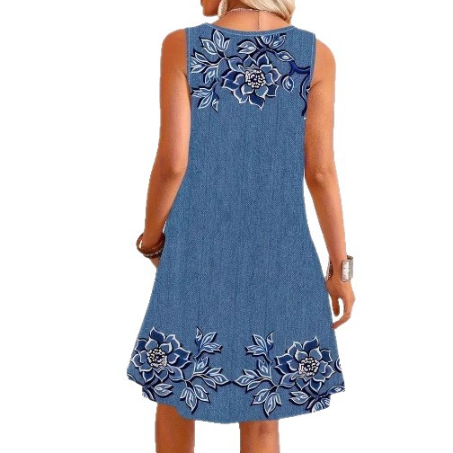 Women's Sleeveless Faux Denim Dress with Print Round Neck