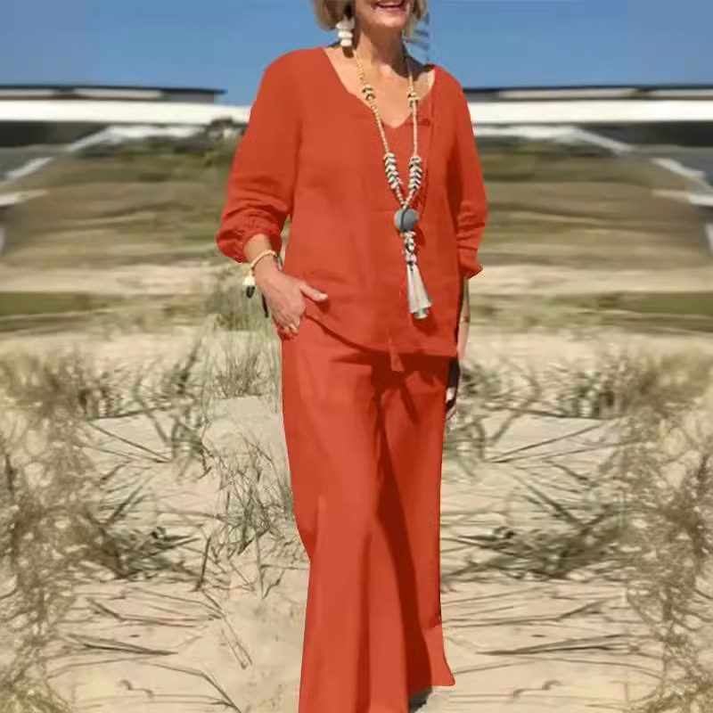 Women's Cotton-Linen Two-Piece Set Solid Color Loose Casual Long Pants
