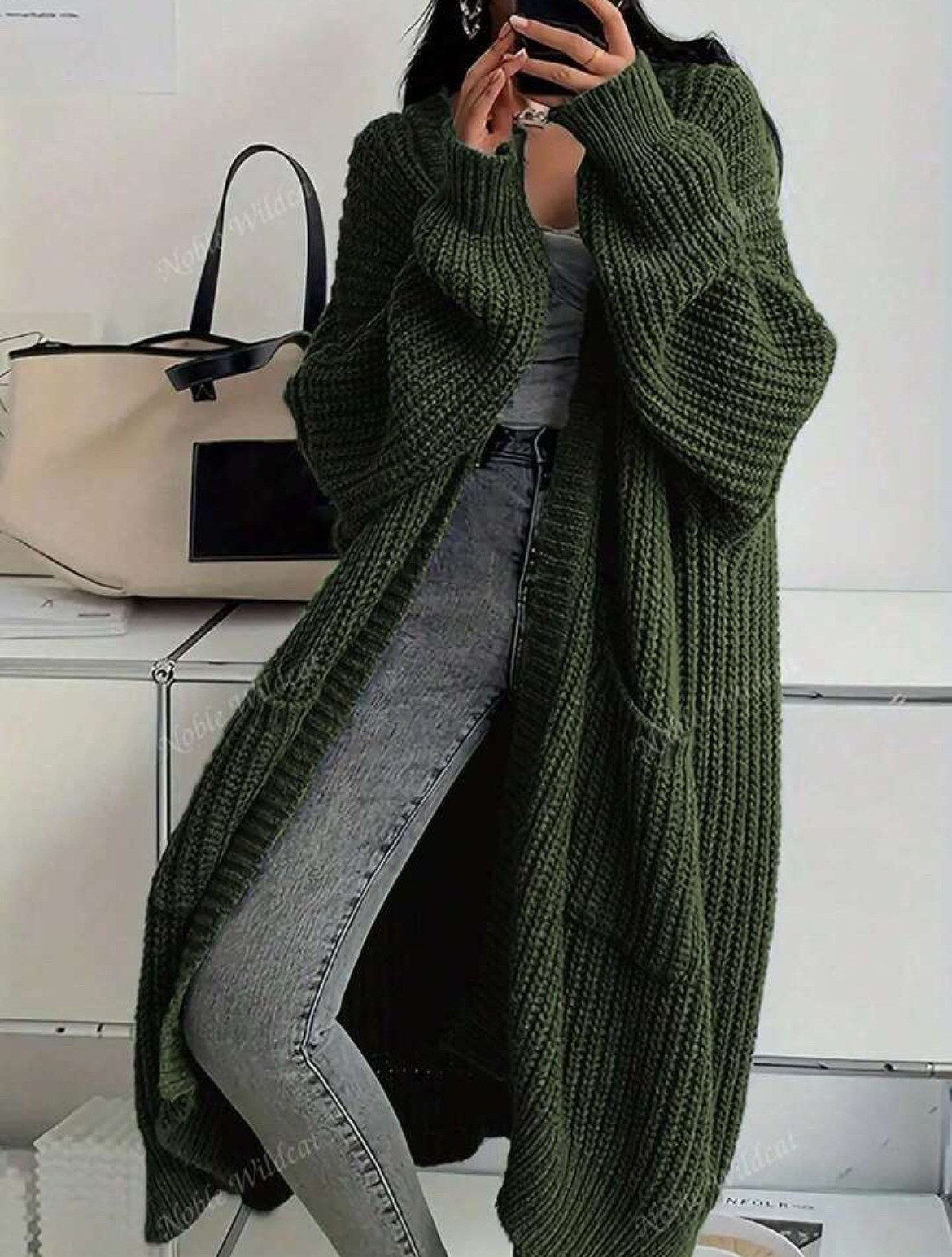 Women's Long Over-Knee Knit Cardigan Loose V-Neck Open Front Sweater Coat