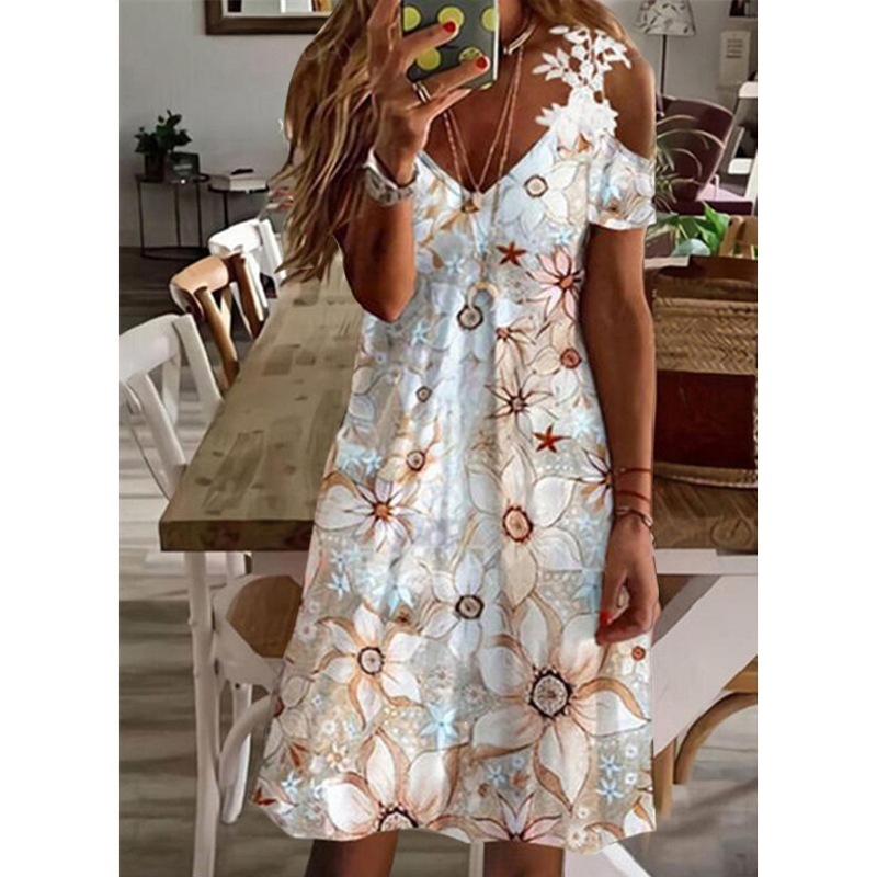 Women's Floral Print Off-Shoulder Lace Short Sleeve Dress
