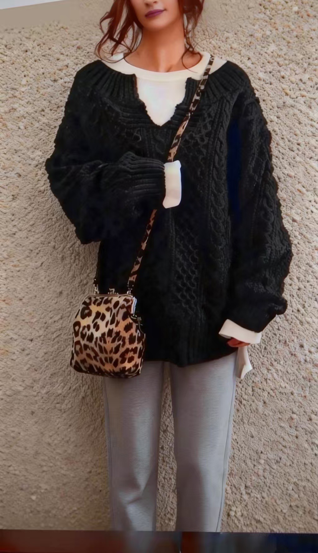 Cable-Knit Loose-Fit V-Neck Women's Sweater