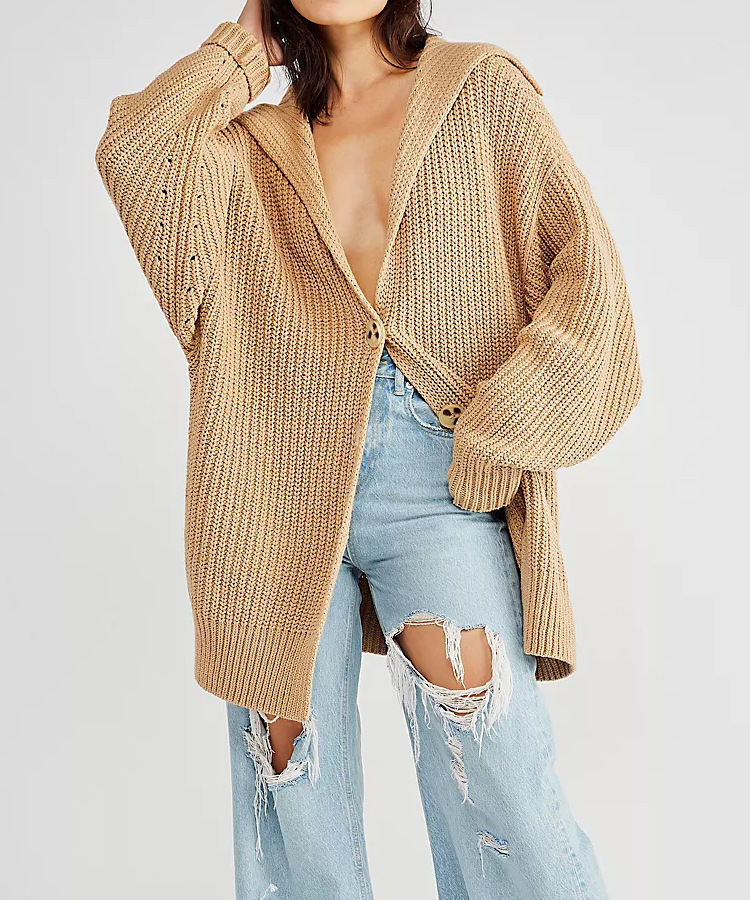 Women's Solid Color Lapel Collar Button-Down Midi Knit Cardigan with Pockets