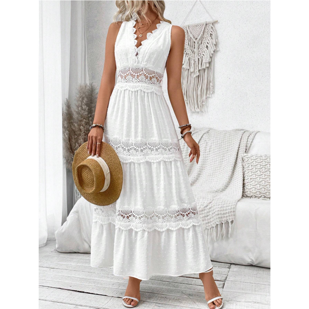 VCAY Women's Lace Panel V-Neck Sleeveless A-Line Maxi Dress