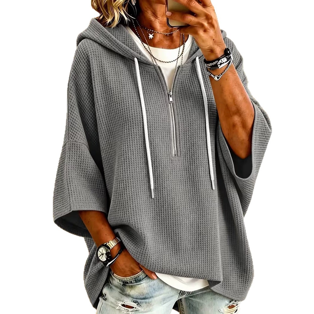 Women's Waffle Knit Zip-Up Hoodie Drawstring Loose Batwing Sweatshirt