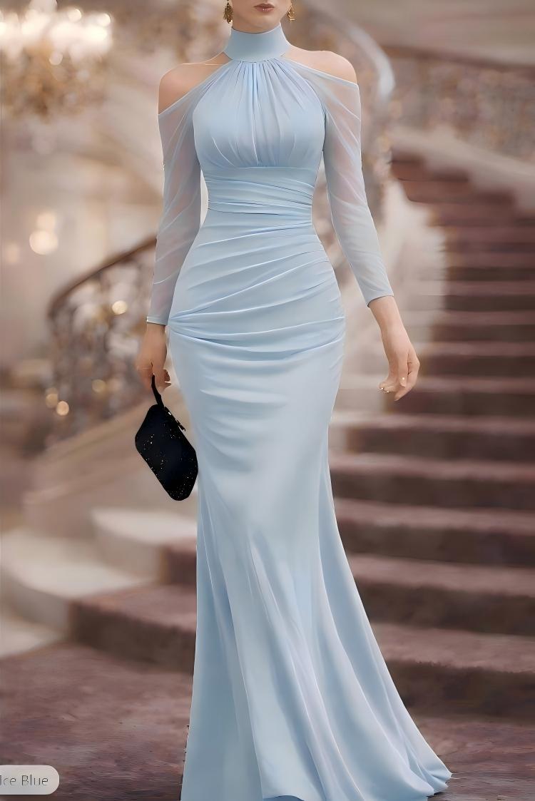 Women's Halter Neck Sheer Long Sleeve Mermaid Evening Gown