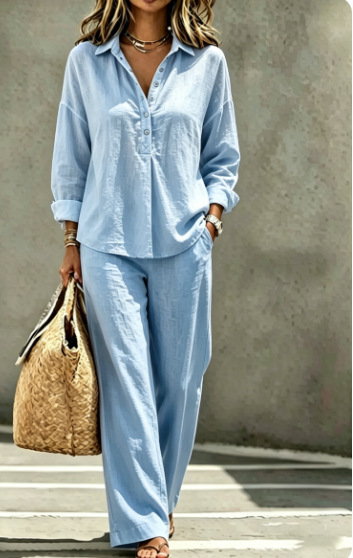 Women's French Casual Half-Button Long-Sleeve Shirt & Wide-Leg Pants Set