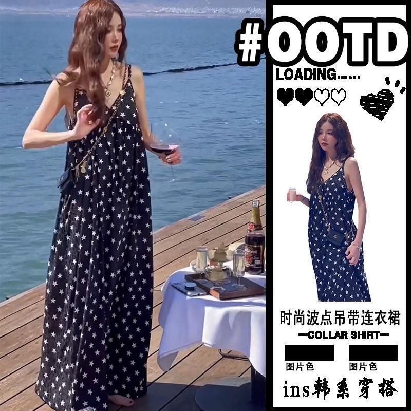 Women's Sleeveless V-Neck A-Line Midi Dress with Polka Dot Print