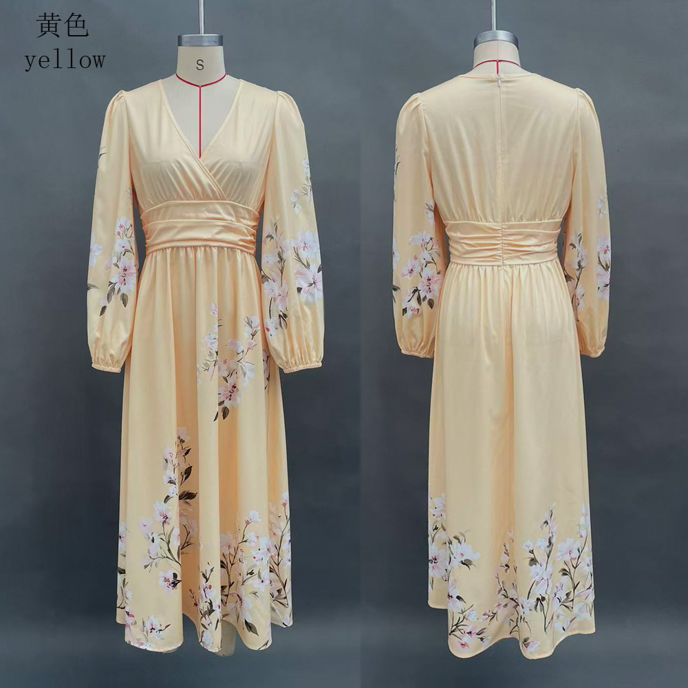 Floral Print V-Neck Pleated Long Sleeve Maxi Dress