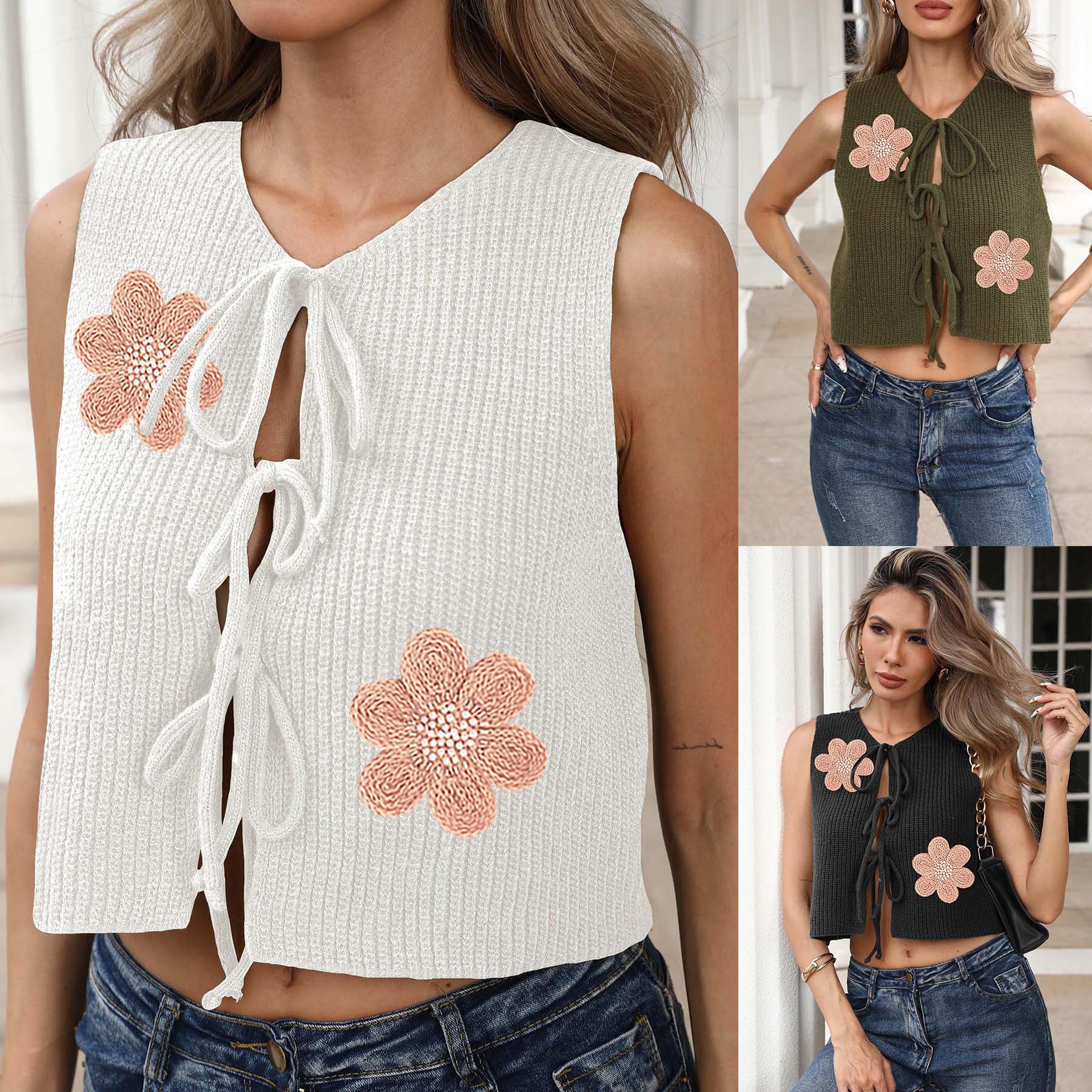 Women's Sleeveless Tie-Front Bow Embroidered Floral Knit Cardigan
